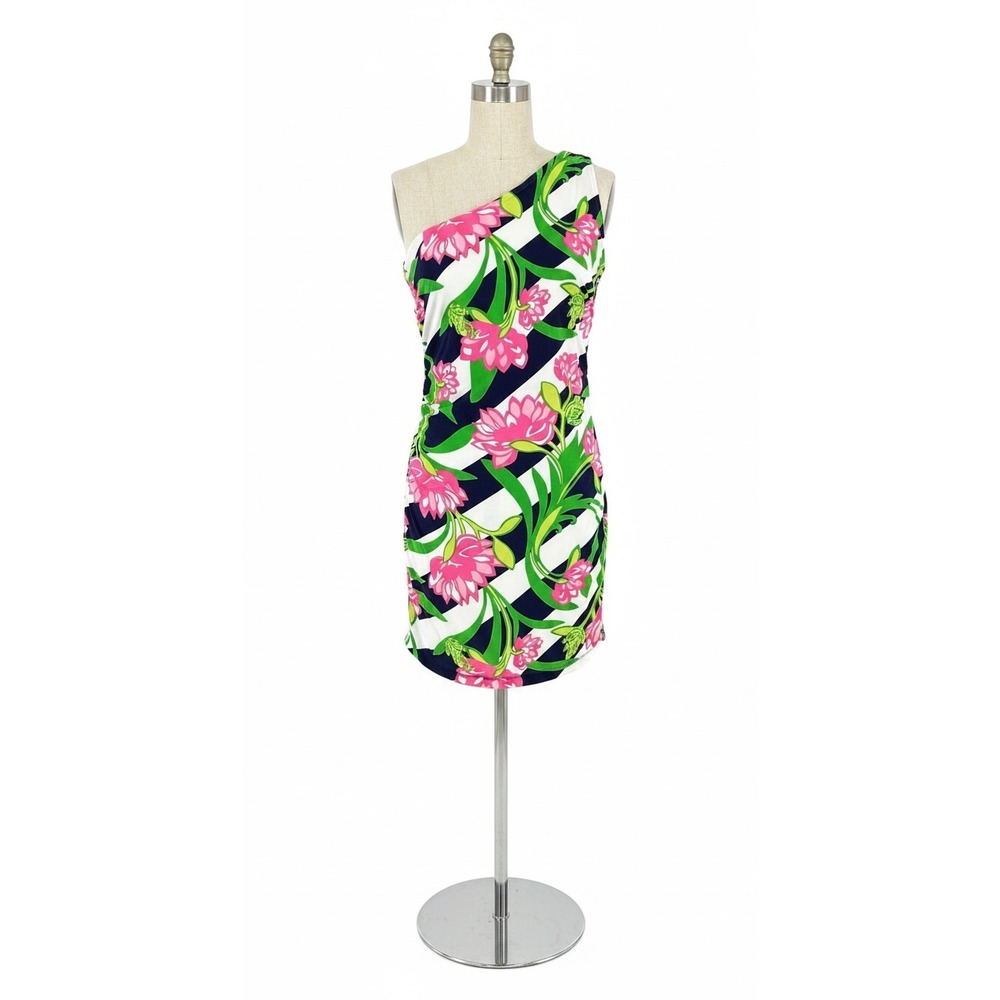 Lilly Pulitzer One Shoulder Floral Stripe Ruched Sheath Dress XL Pink Navy